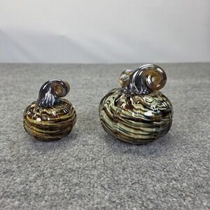 Pair Of Hand Blown Tan Cream Swirl Art Glass Stemmed Pumpkin Fall Paperweight